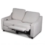 Fabric power loveseat at 30-degree angle with right seat reclined and left seat upright.