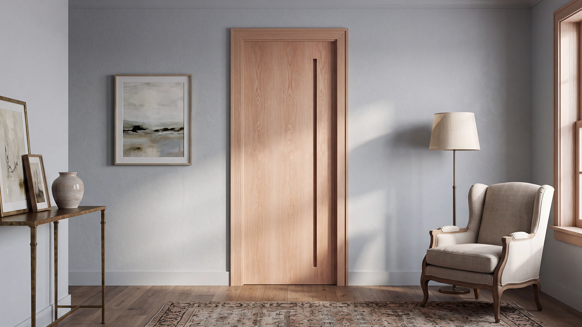 Architectural Linear-Lite flush slab door installed in a luxury contemporary interior hallway