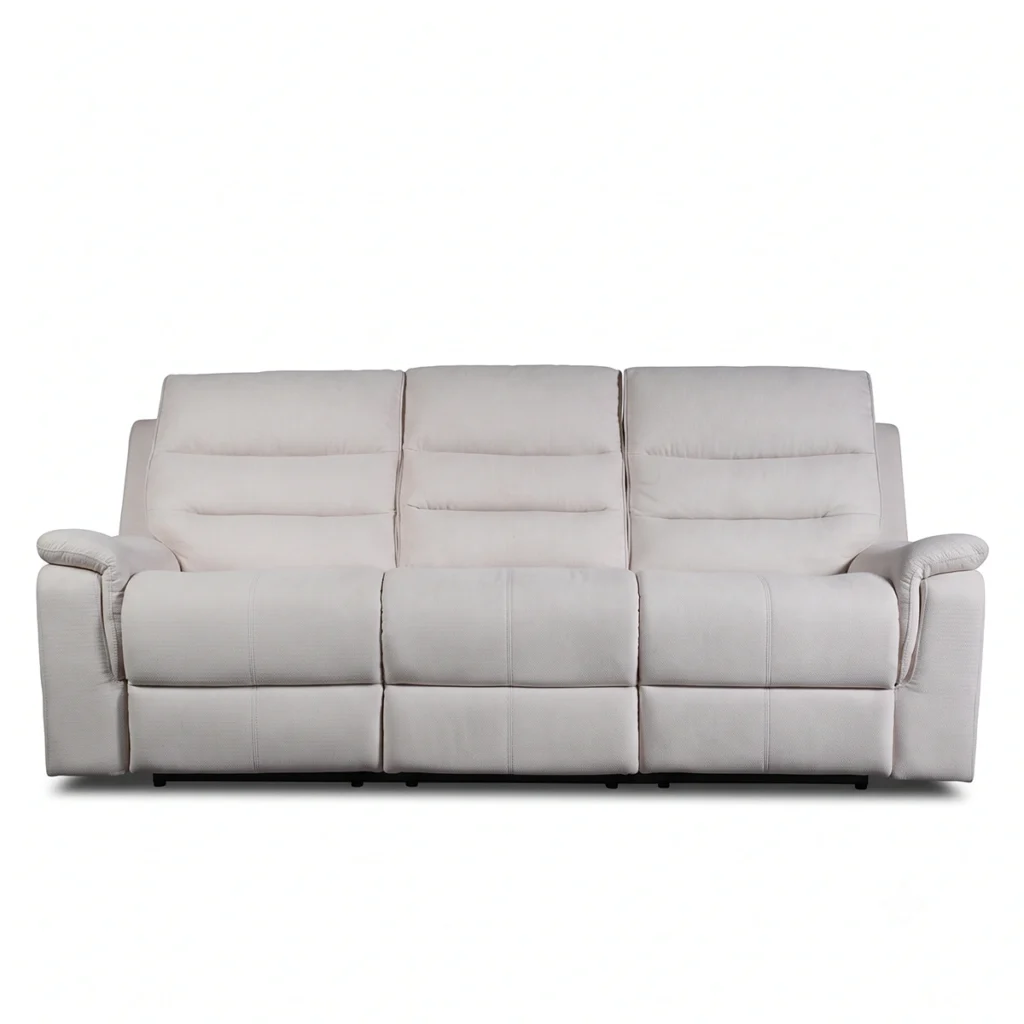 Aria 86-inch fabric power reclining sofa in cream off-white, front view upright.