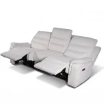 30-degree side angle of Aria 86-inch cream fabric power sofa with both end recliners fully deployed.