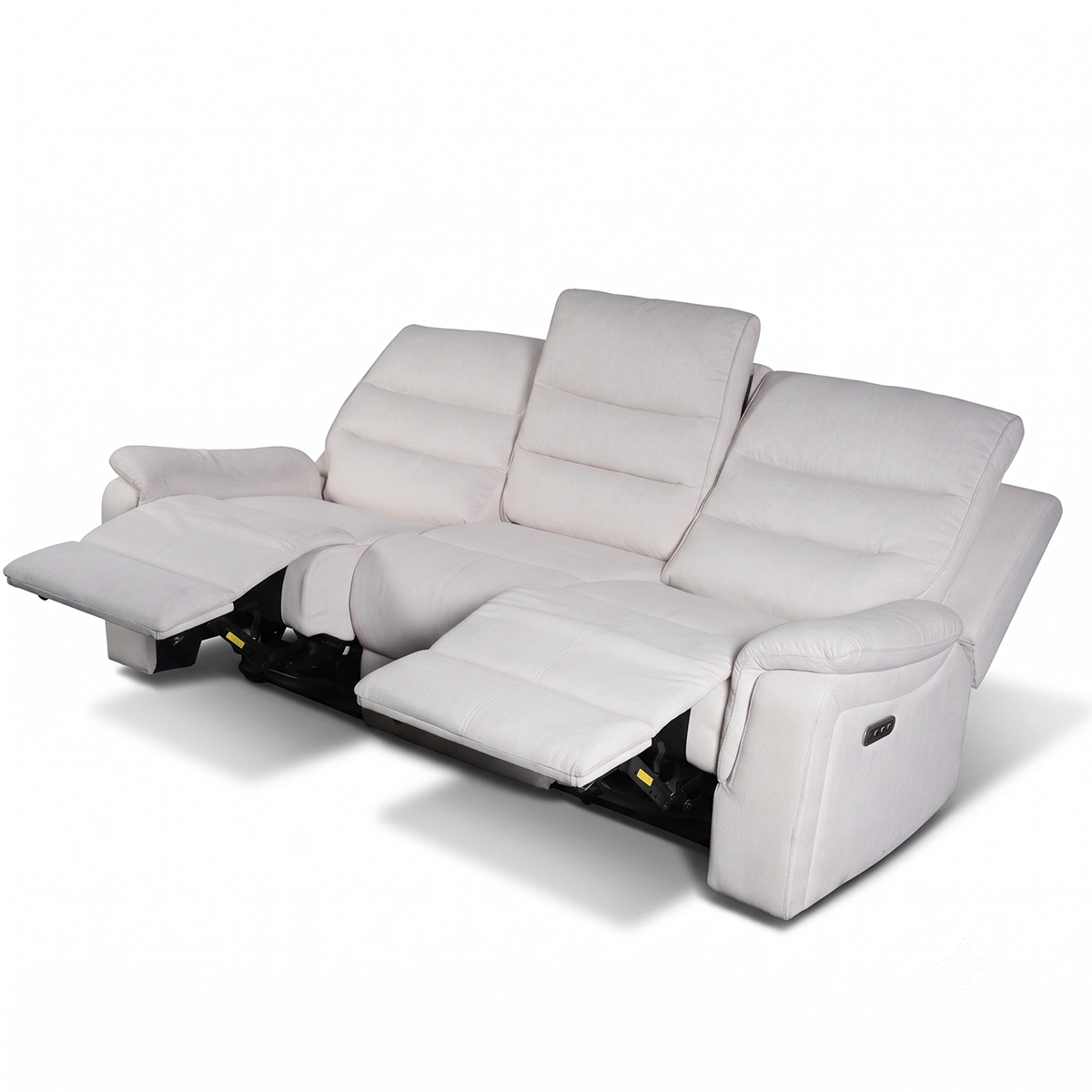 30-degree side angle of Aria 86-inch cream fabric power sofa with both end recliners fully deployed.
