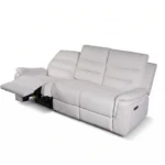 Aria 86-inch fabric power reclining sofa at 30-degree angle with right seat open and left seat upright.