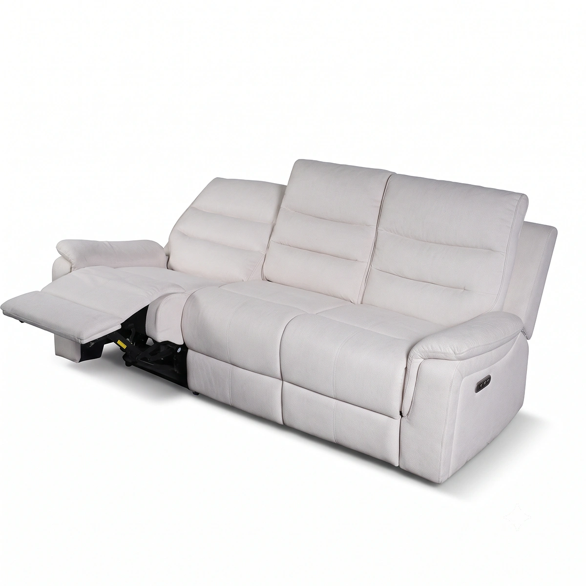Aria 86-inch fabric power reclining sofa at 30-degree angle with right seat open and left seat upright.