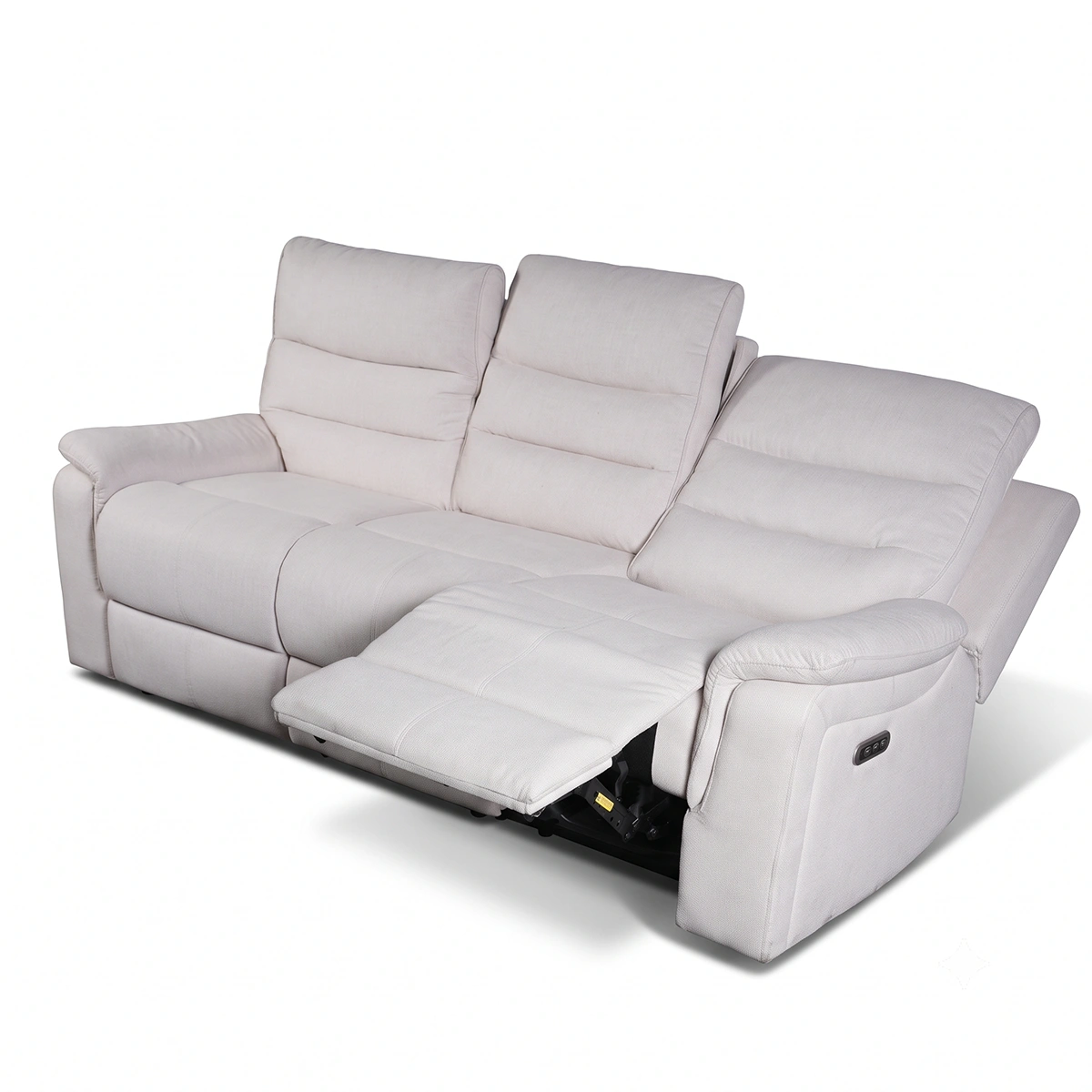 Aria 86-inch fabric power reclining sofa at 30-degree angle with left seat open and right seat upright.