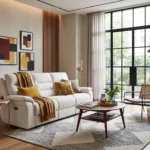 3D lifestyle rendering of Aria 86-inch cream power reclining sofa in an airy modern living room.