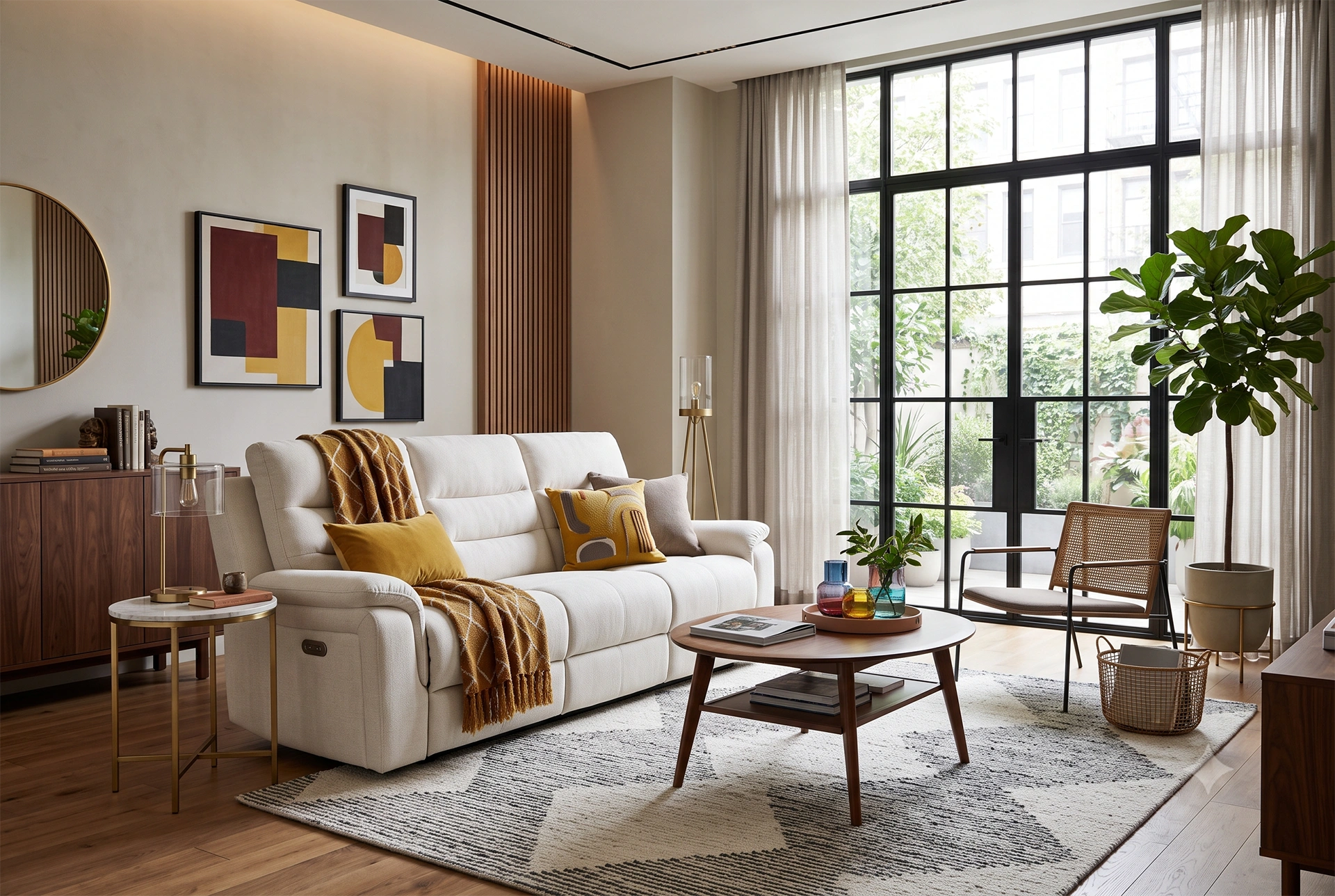 3D lifestyle rendering of Aria 86-inch cream power reclining sofa in an airy modern living room.