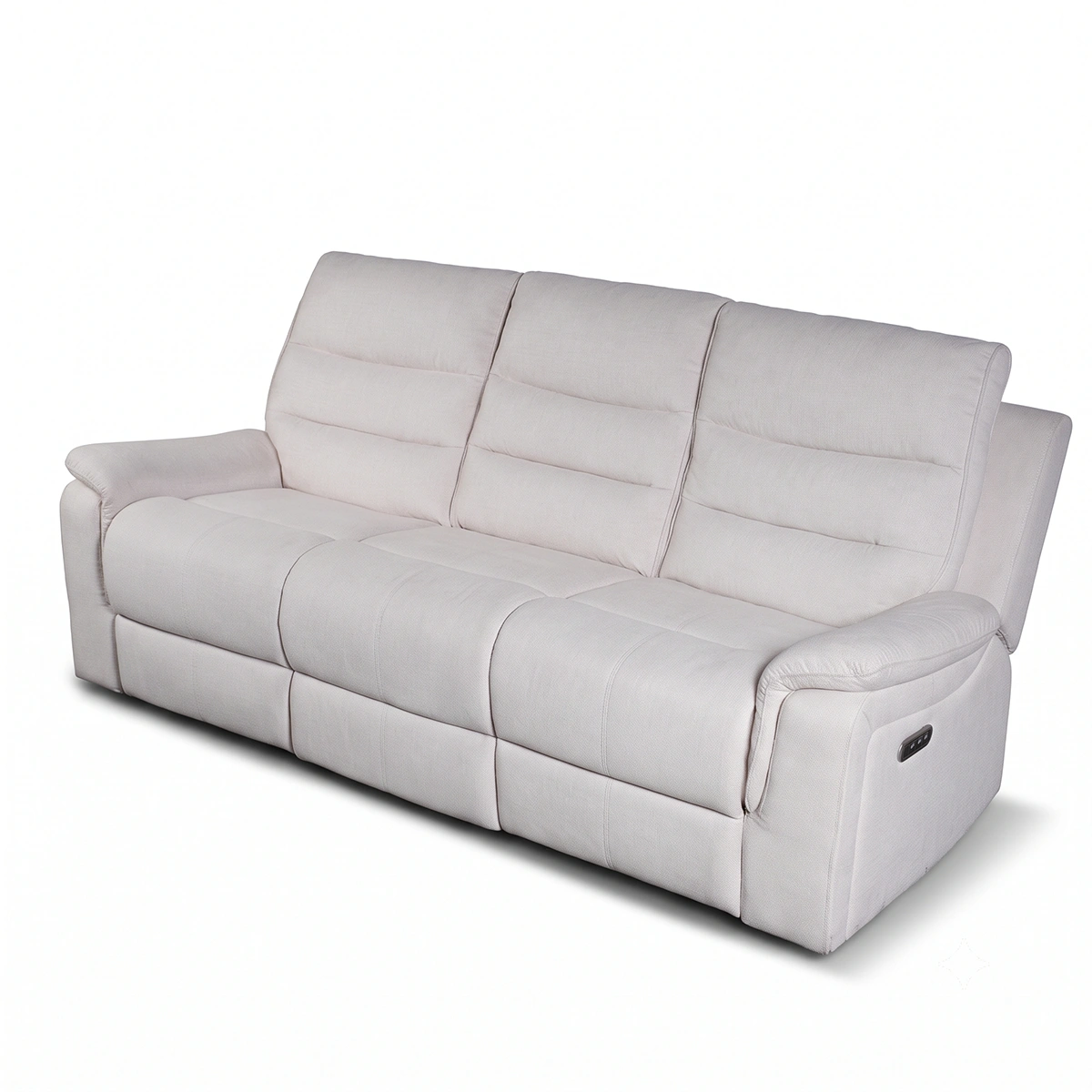 Three-quarter 30-degree side profile of Aria 86-inch power reclining couch closed.