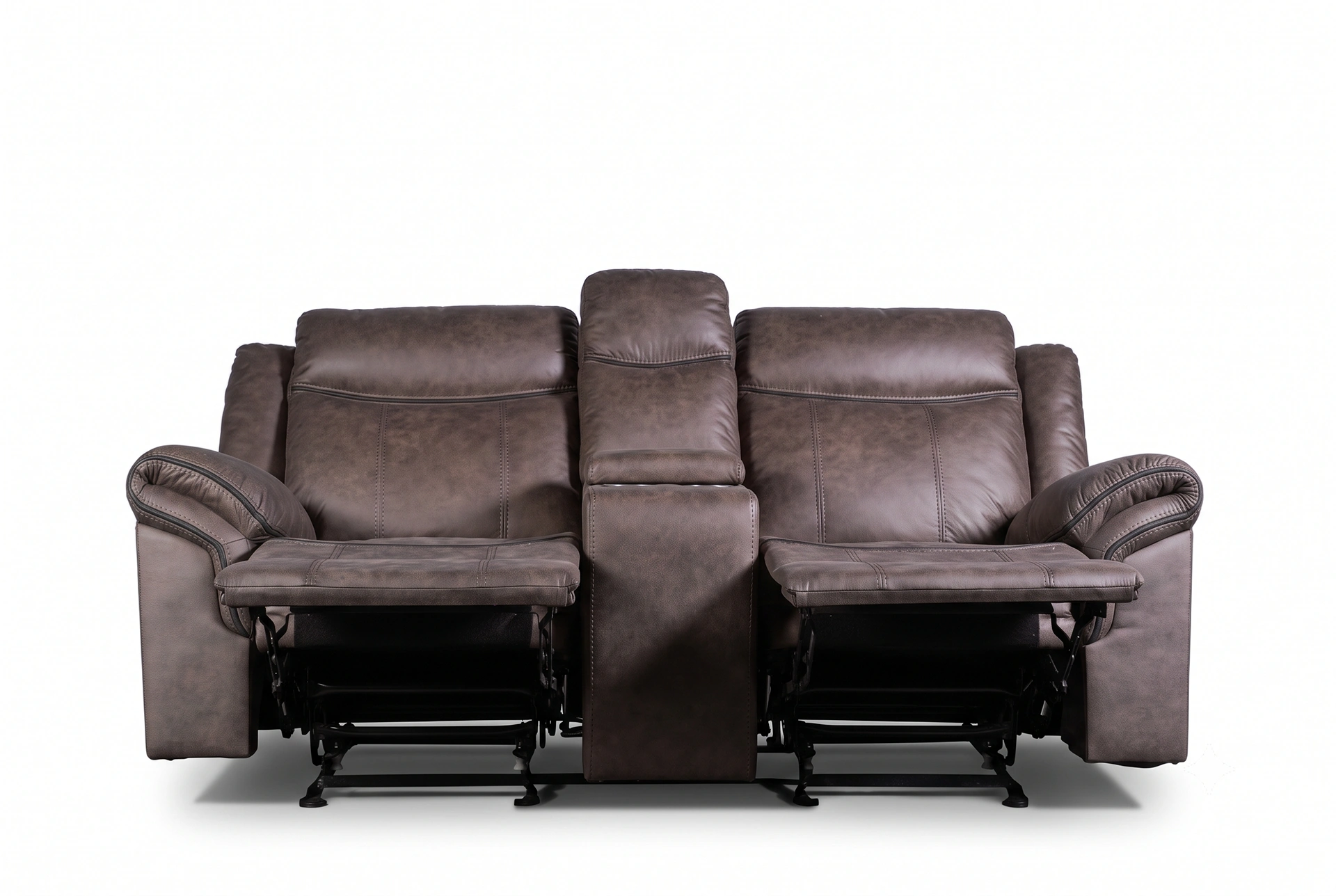 Bradford 2-seat theater recliner sofa with dual footrests extended, front perspective.