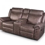 Side view profile of Bradford manual reclining loveseat sofa showing deep seating dimensions.