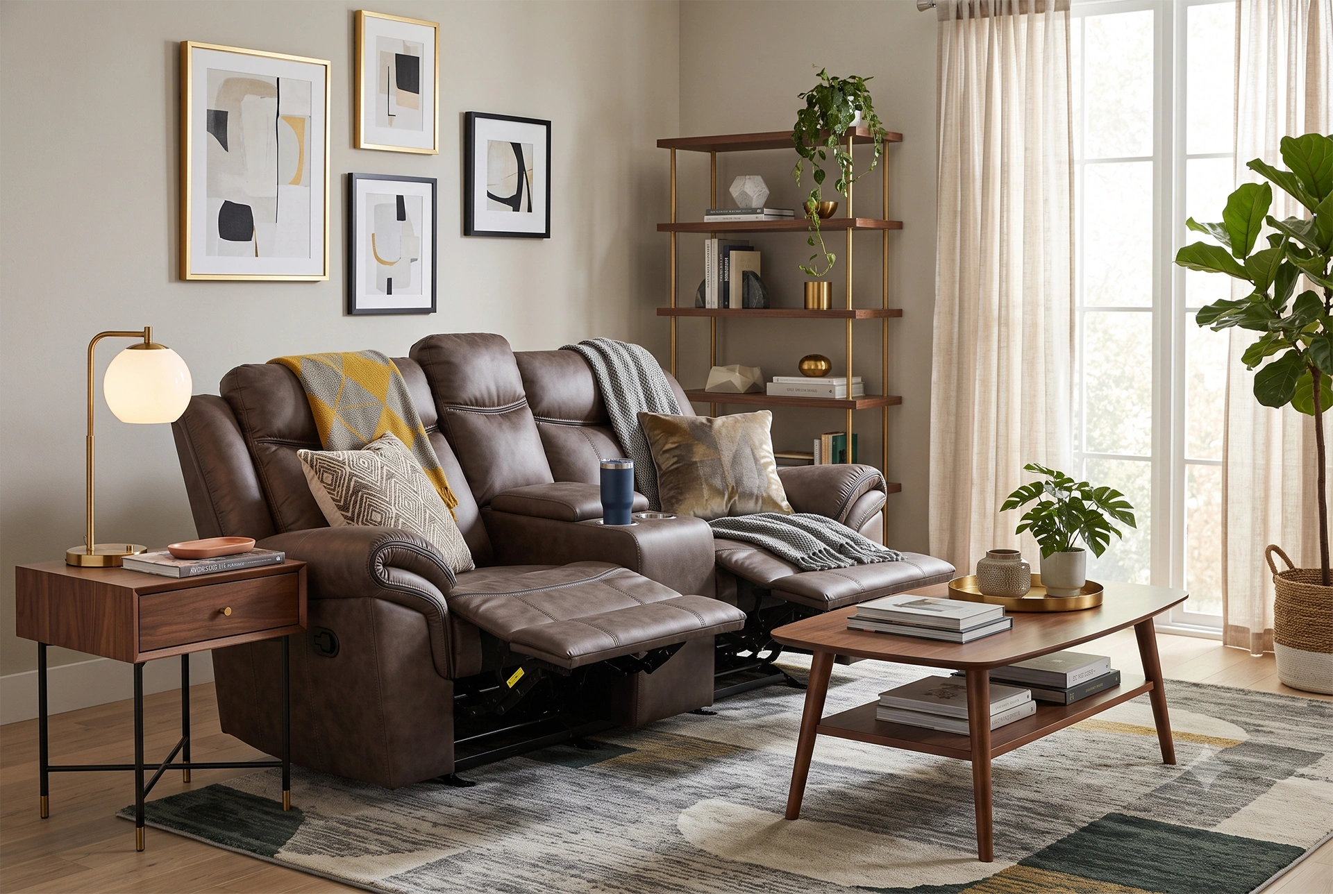 Bradford 2-seat manual reclining sofa styled in a cozy mid-century modern West Elm aesthetic living room.