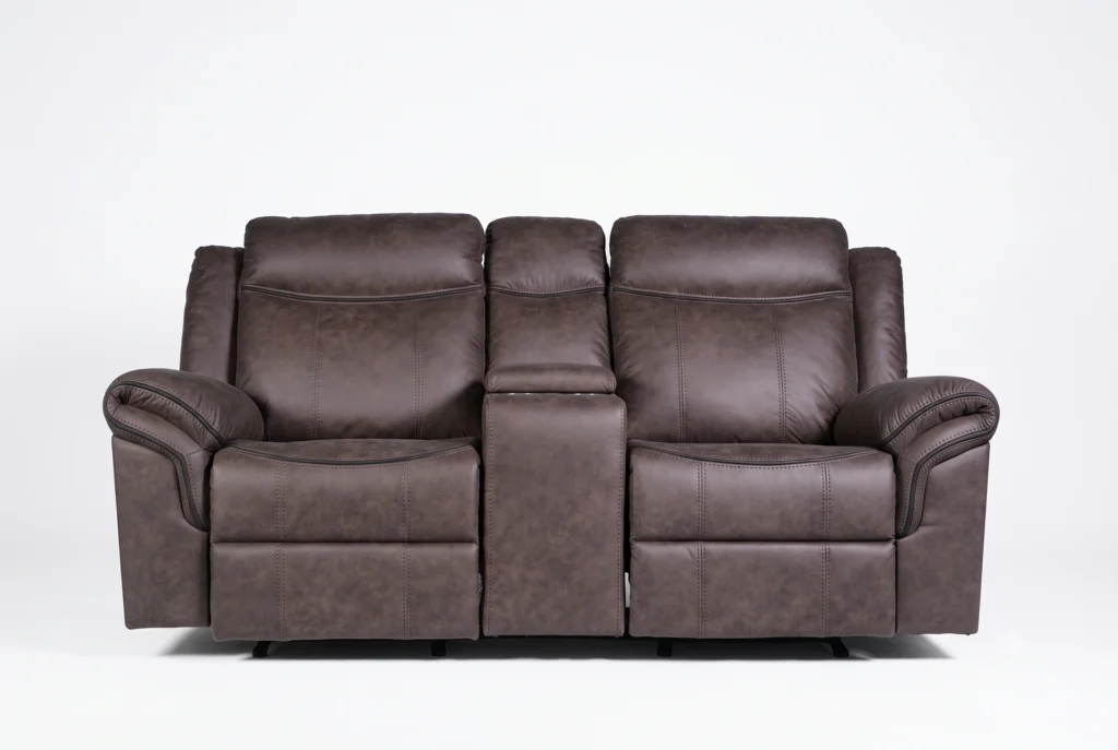 Bradford manual reclining loveseat with center console and cup holders in brown faux leather, front upright view.