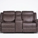 Bradford manual reclining loveseat with center console and cup holders in brown faux leather, front upright view.