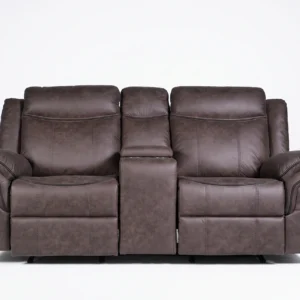 Bradford manual reclining loveseat with center console and cup holders in brown faux leather, front upright view.