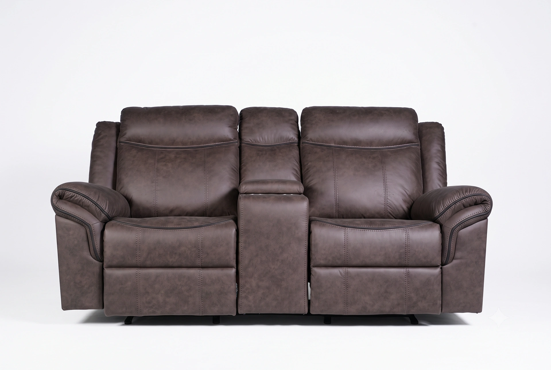 Bradford manual reclining loveseat with center console and cup holders in brown faux leather, front upright view.
