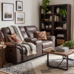 Bradford manual reclining loveseat with center console in an airy, sophisticated Crate and Barrel inspired modern living room.