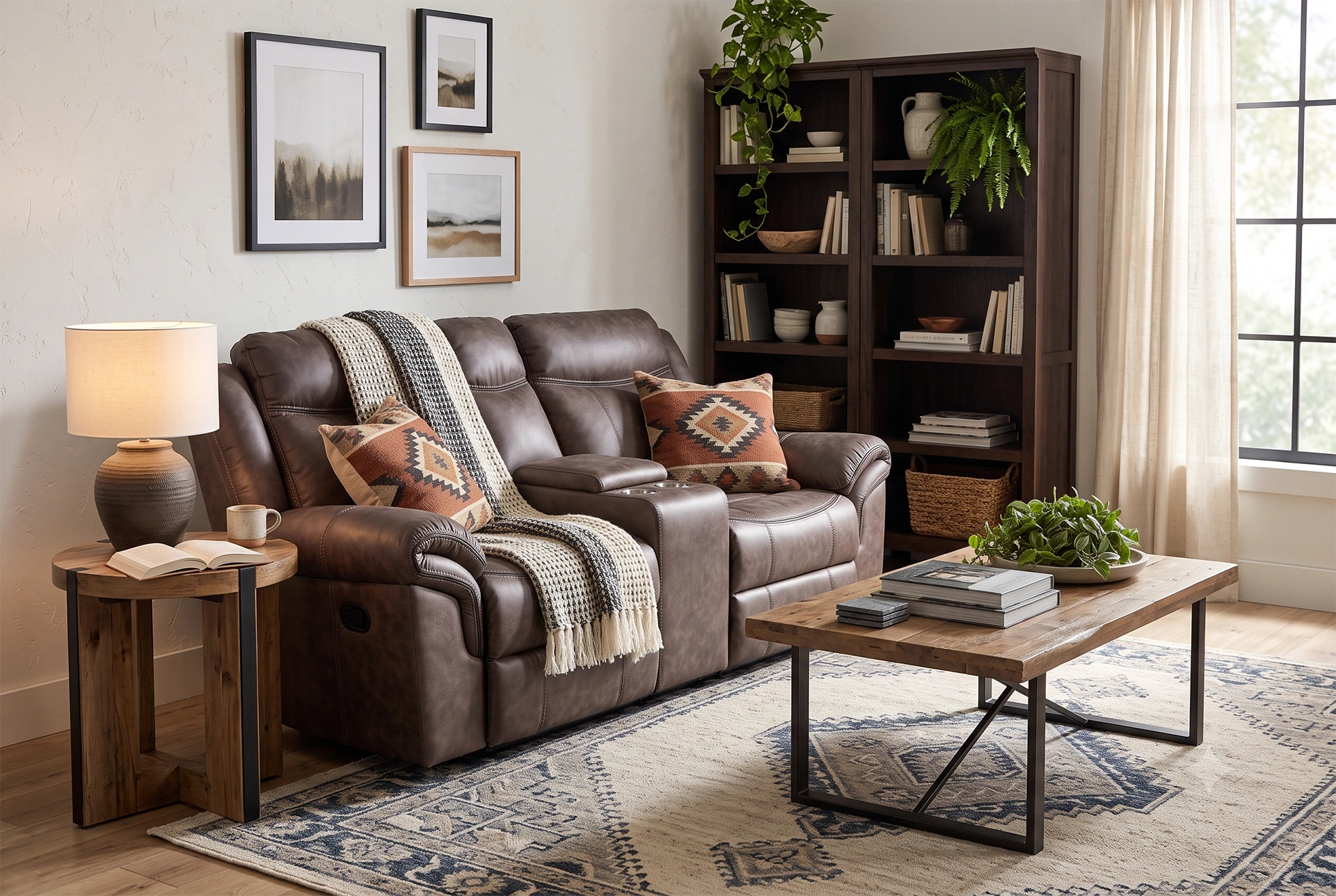 Bradford manual reclining loveseat with center console in an airy, sophisticated Crate and Barrel inspired modern living room.