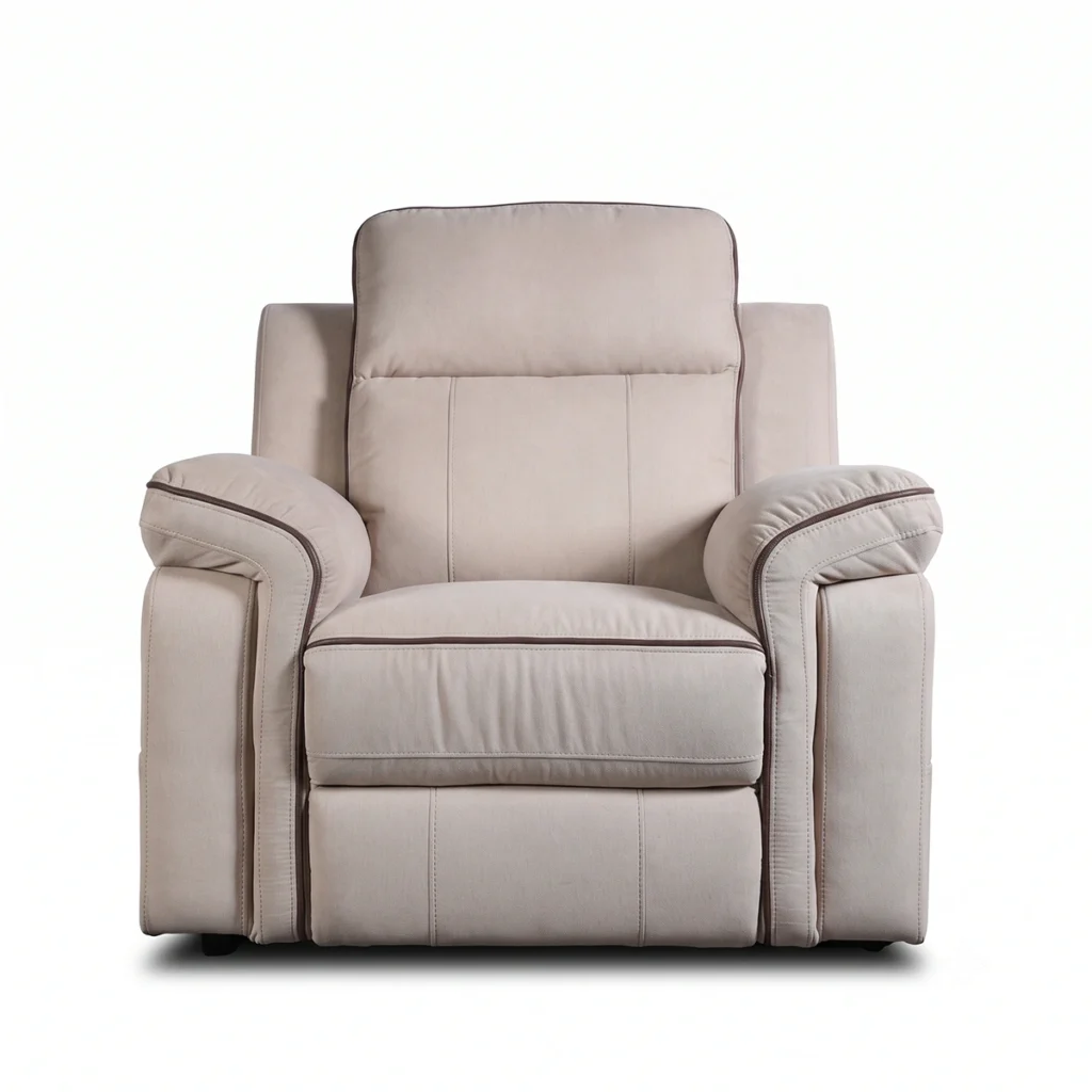 Camden 42 inch oversized power lift recliner chair with contrast piping in cream beige fabric, front view upright.