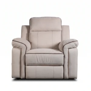 Camden 42 inch oversized power lift recliner chair with contrast piping in cream beige fabric, front view upright.