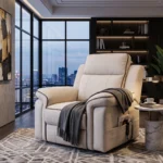 3D lifestyle rendering of Camden 42-inch cream power lift recliner chair in a warm modern living room.