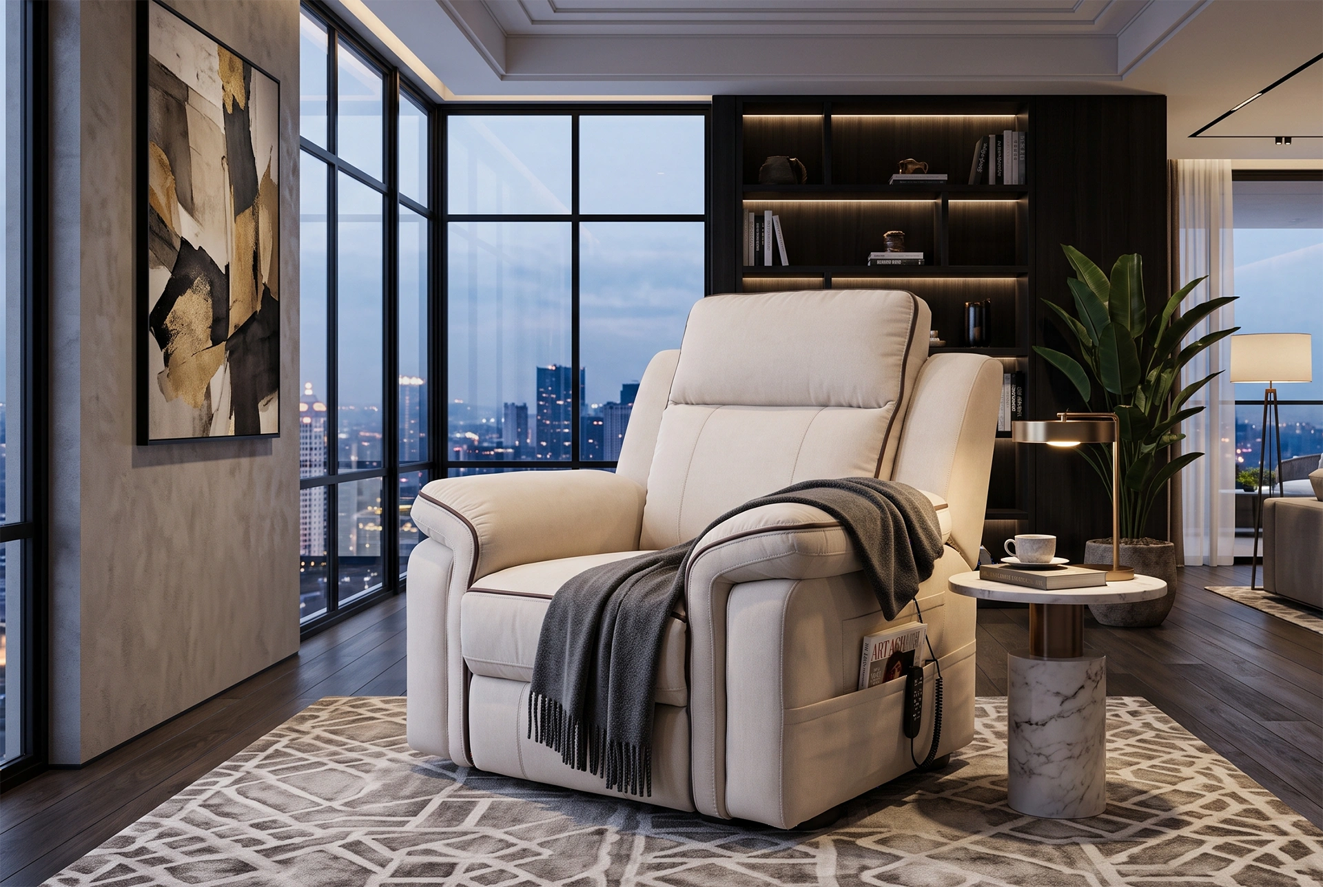 3D lifestyle rendering of Camden 42-inch cream power lift recliner chair in a warm modern living room.