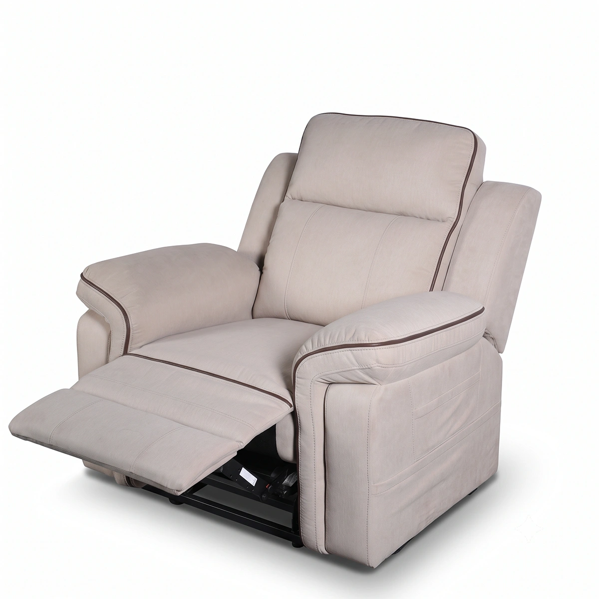 Camden power lift recliner chair in elevated stand-up assist position, front view.