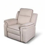 Three-quarter 30-degree side profile of Camden power lift recliner chair in full recline position.