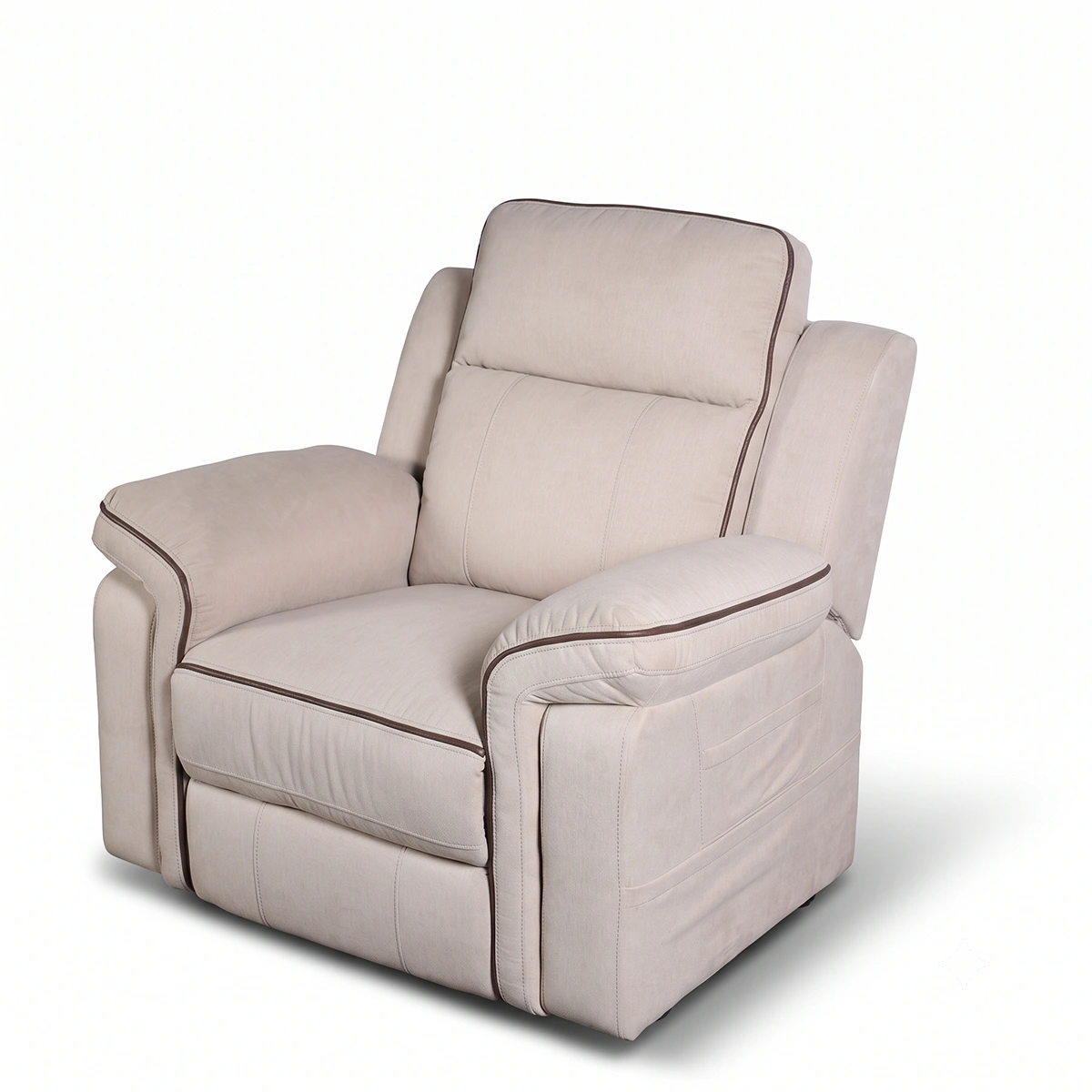 Three-quarter 30-degree side profile of Camden power lift recliner chair in full recline position.