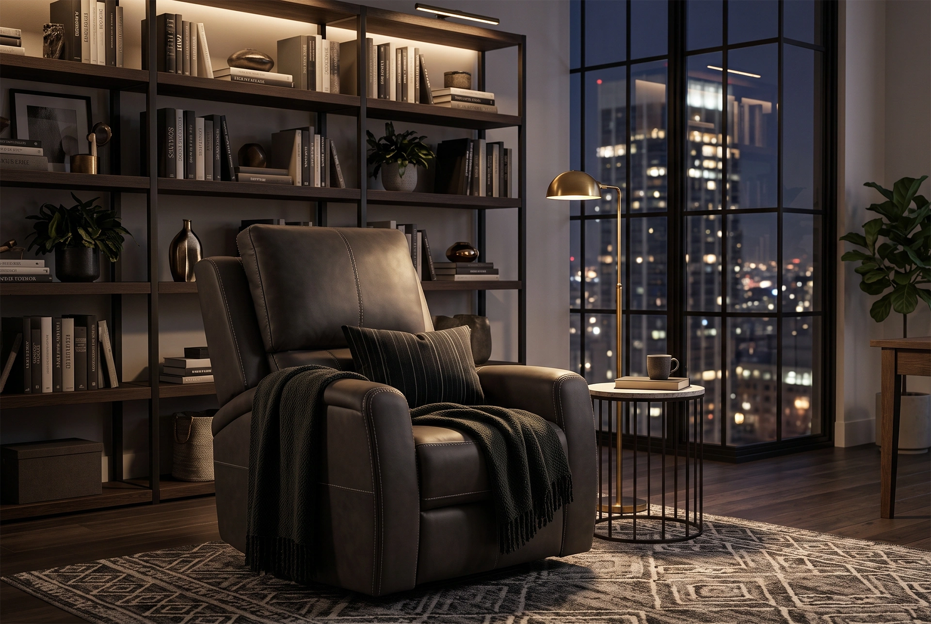 3D lifestyle rendering of Carter 33-inch power recliner chair in a contemporary executive home office.
