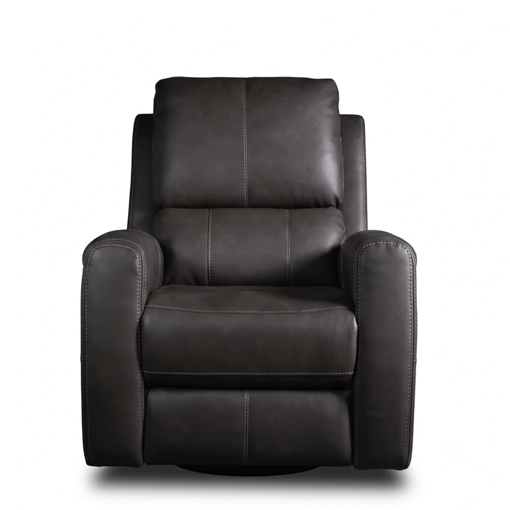 Carter 33 inch vegan faux leather power recliner chair with contrast stitching, front view upright.