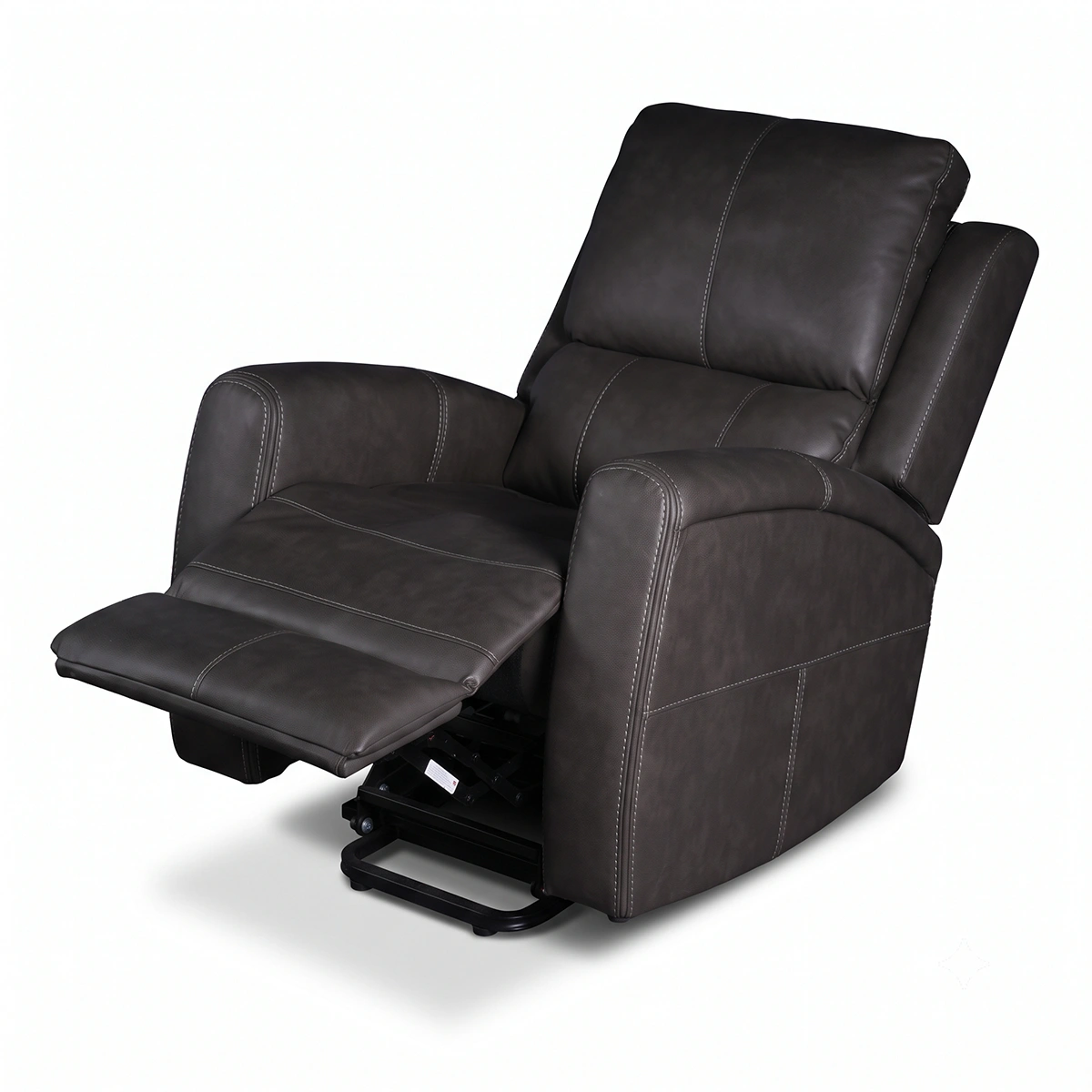 30-degree side profile of Carter vegan leather power recliner in full lounge recline position.
