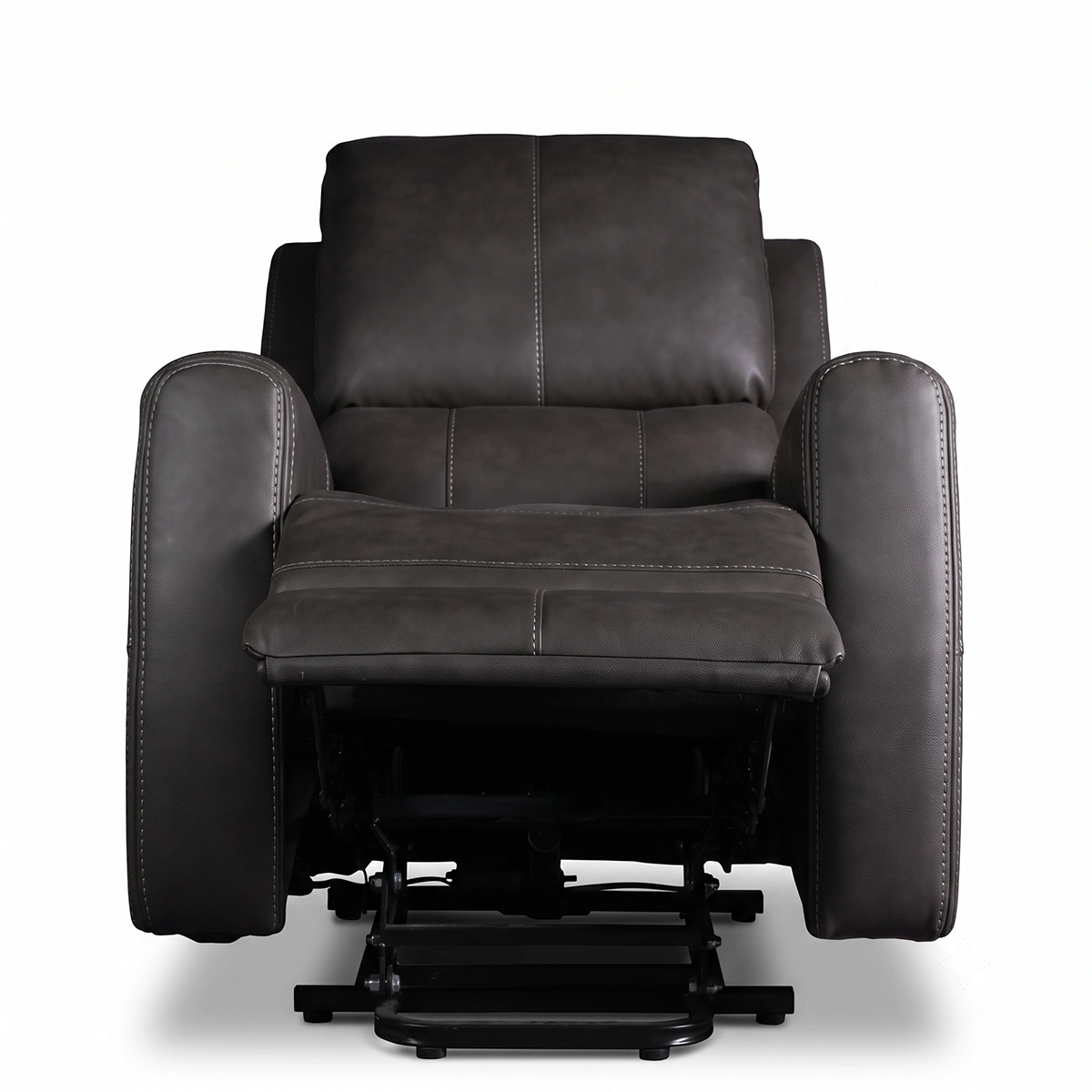 Carter electric reclining armchair with motorized footrest extended, front view.