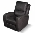 Three-quarter 30-degree side profile of Carter power recliner armchair in upright position.