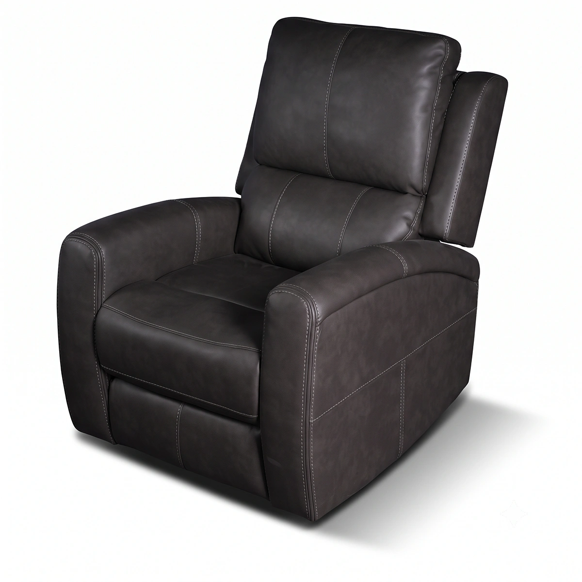 Three-quarter 30-degree side profile of Carter power recliner armchair in upright position.
