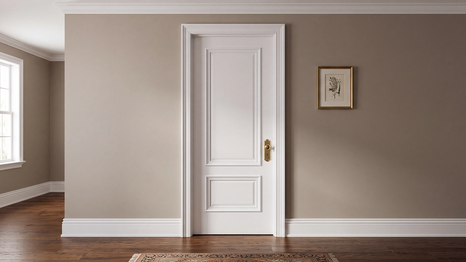 Classic 2-Panel Bolection Moulding door in Dover White installed in an elegant Parisian-style corridor