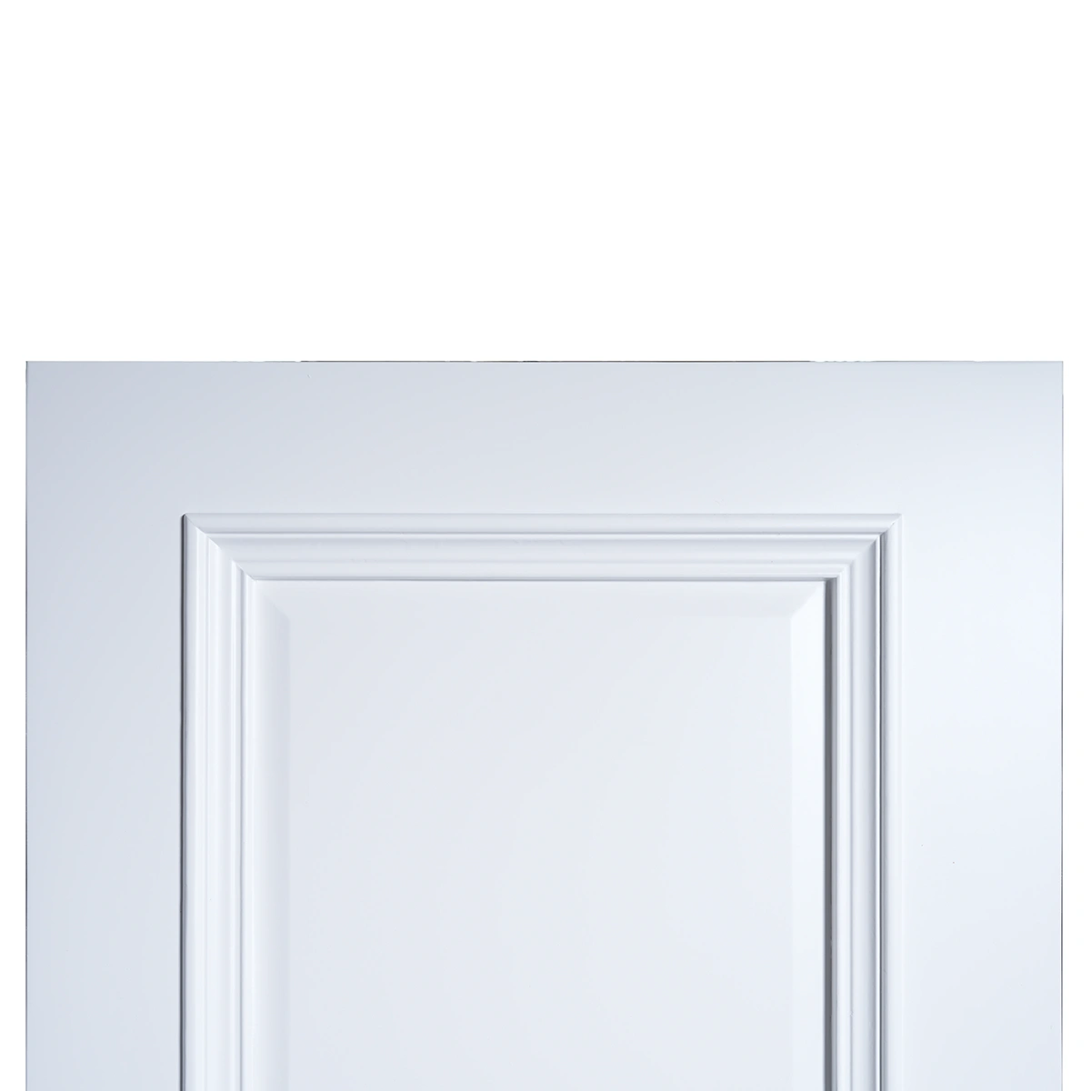 Upper rail and mitered bolection moulding corner joint on Dover White door
