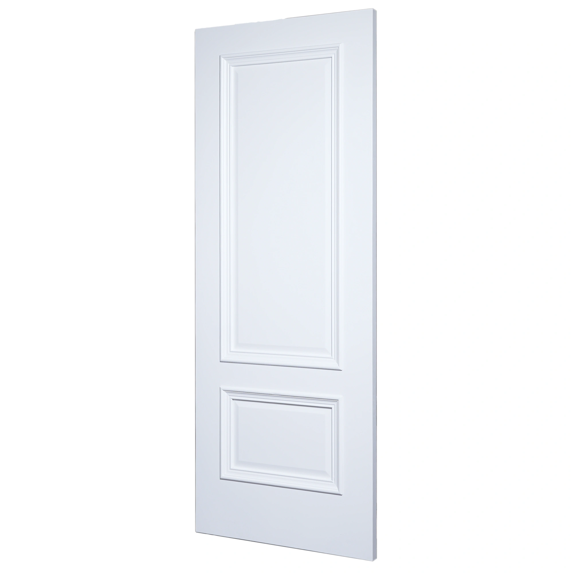 30-degree profile view of 2-Panel Bolection Moulding solid door slab in Dover White