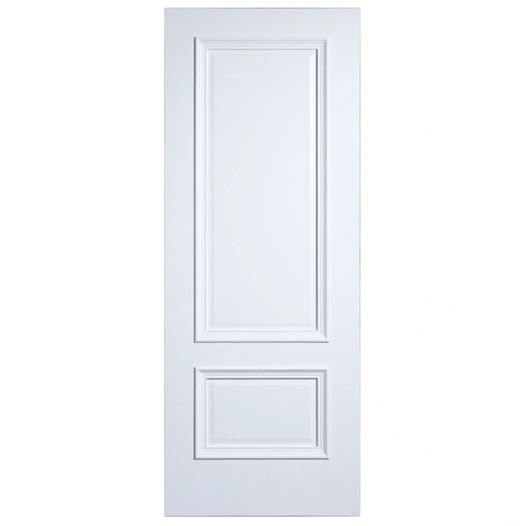Front elevation of Classic 2-Panel Bolection Moulding interior door in smooth Dover White finish
