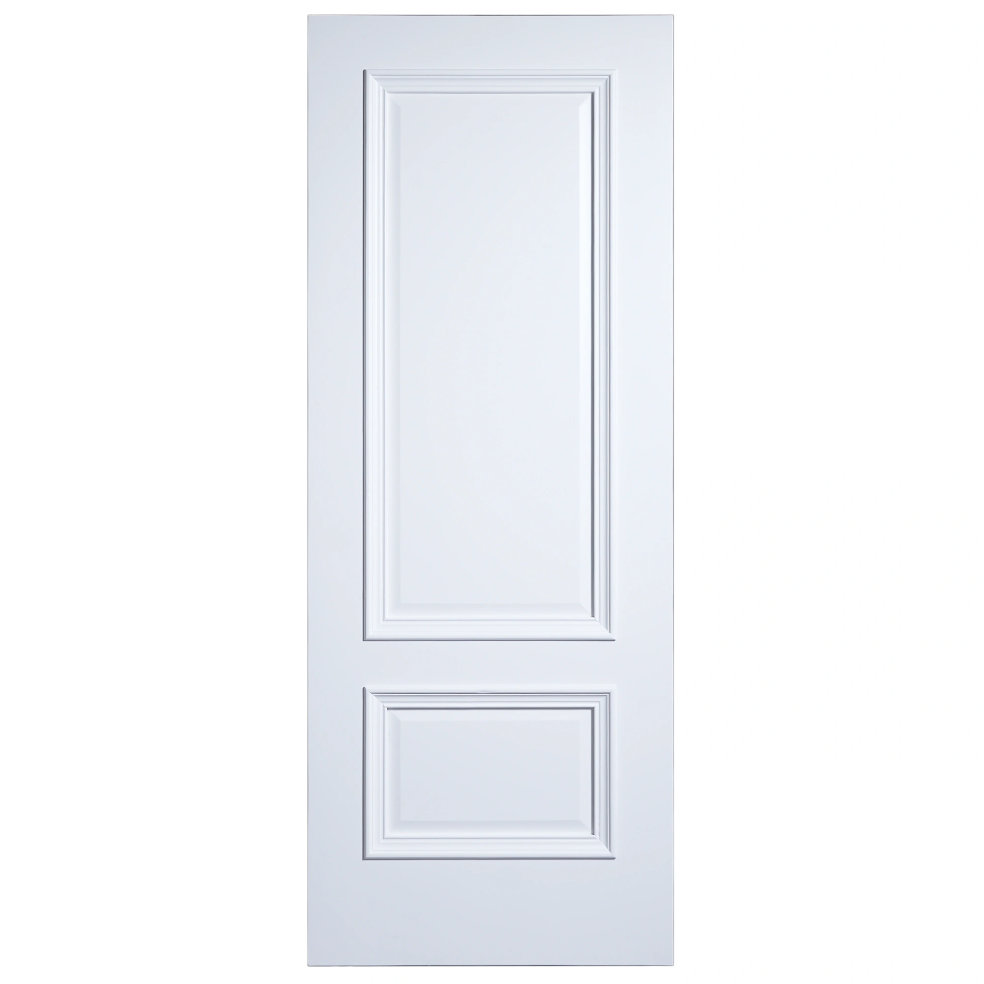Front elevation of Classic 2-Panel Bolection Moulding interior door in smooth Dover White finish