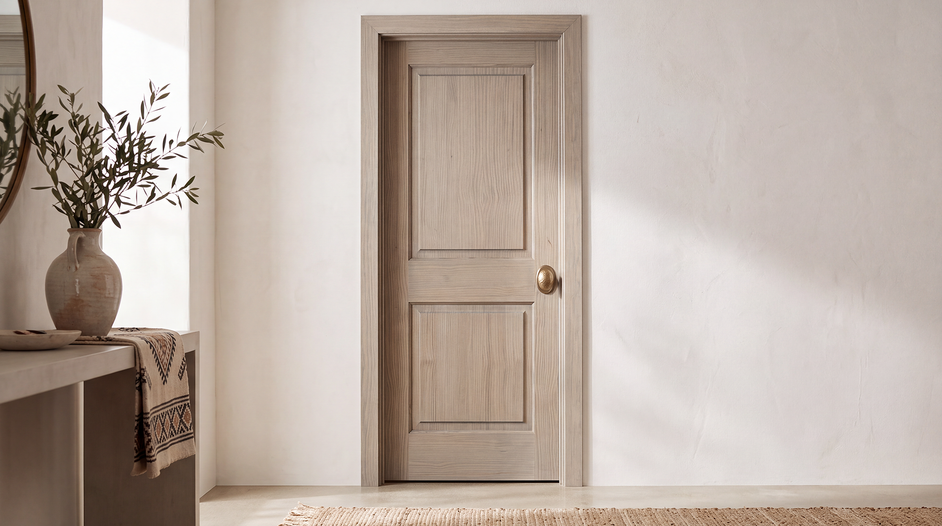 Classic 2-Panel Raised Panel pine interior door in Coastal Weathered Driftwood gray finish