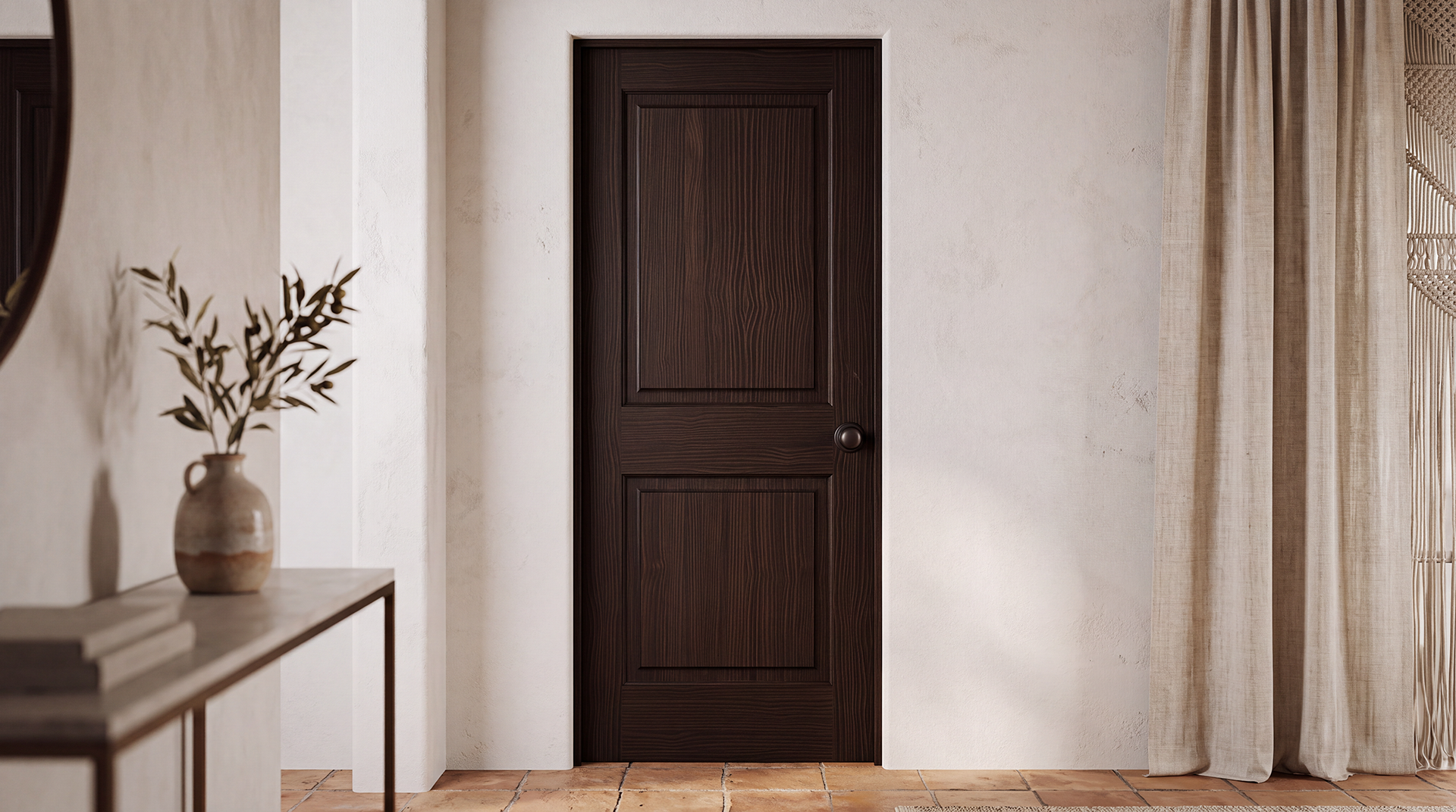 Classic 2-Panel Raised Panel pine interior door stained in deep dark Espresso in a modern luxury corridor