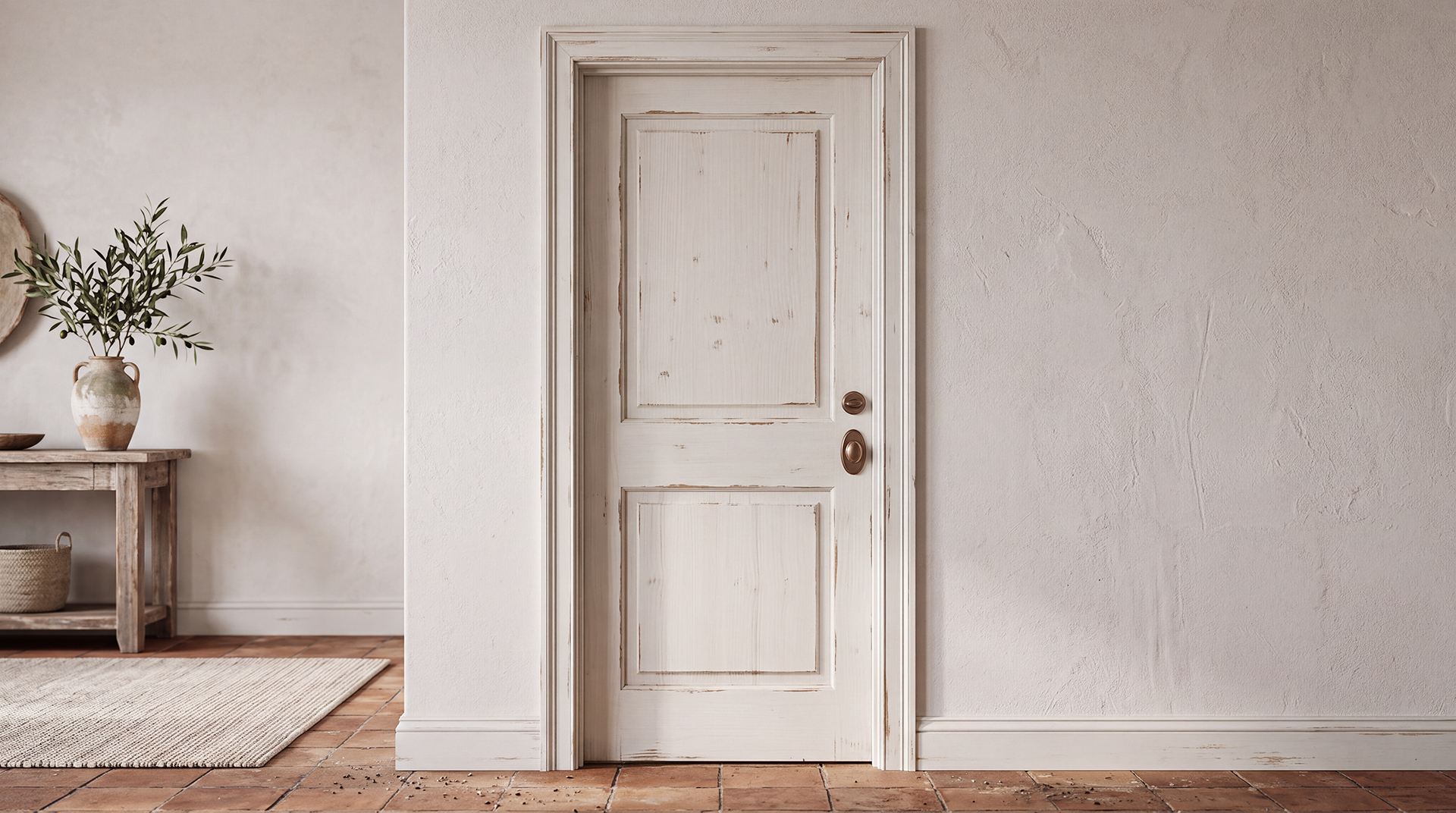 Classic 2-Panel Raised Panel pine interior door finished in Distressed Antique White in a modern farmhouse setting