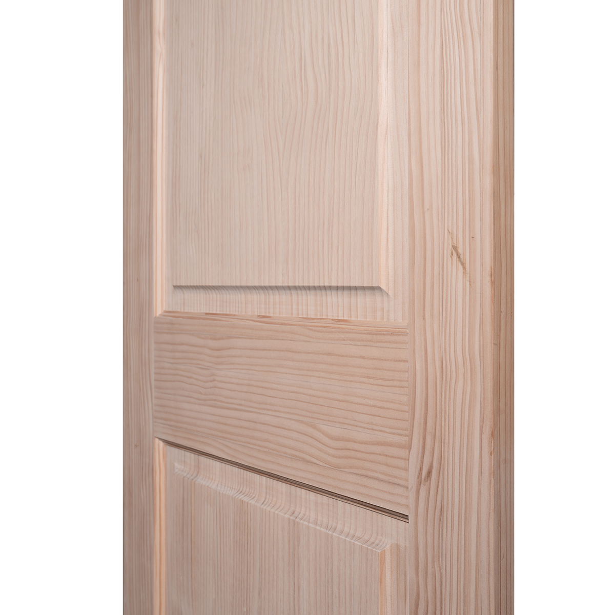 Macro close-up of Shaker intermediate rail and raised pine panel bevel transition