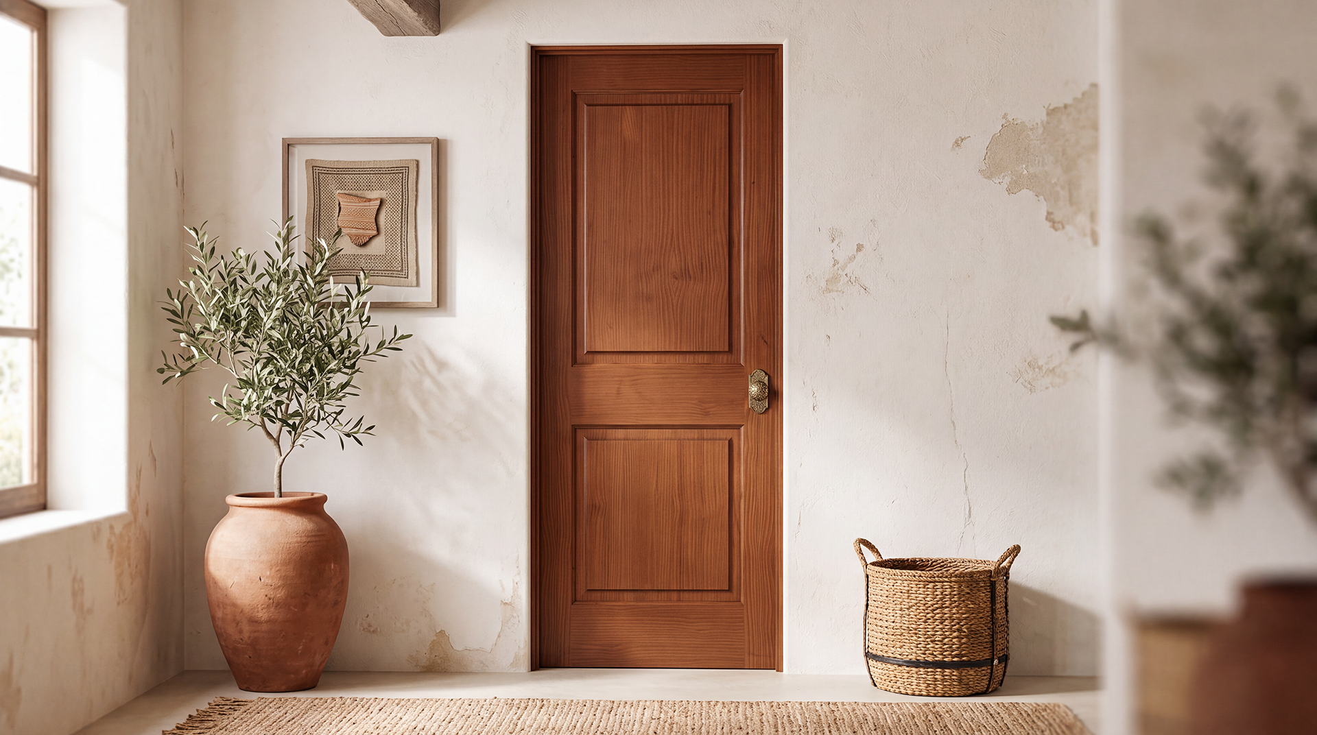 Classic 2-Panel Raised Panel pine interior door stained in warm rich Chestnut in a traditional library