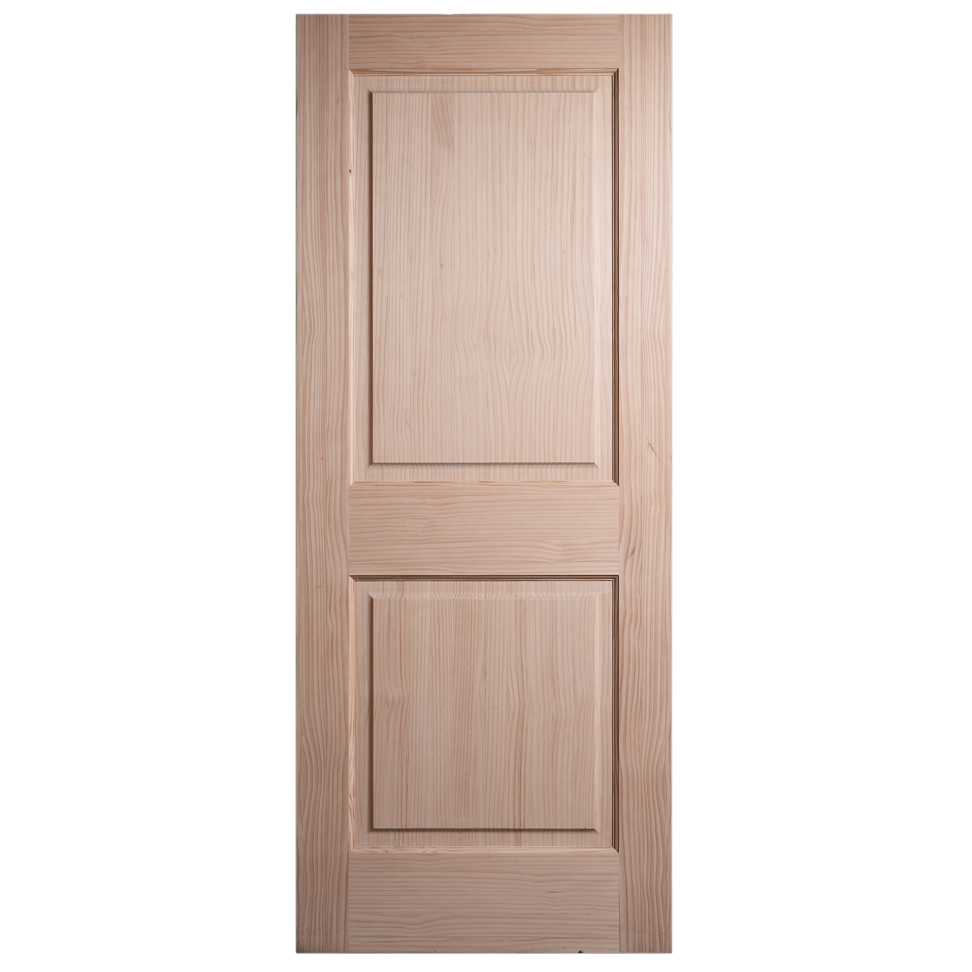 Front elevation of Classic 2-Panel Raised Panel Solid Pine Shaker interior door in unfinished raw wood