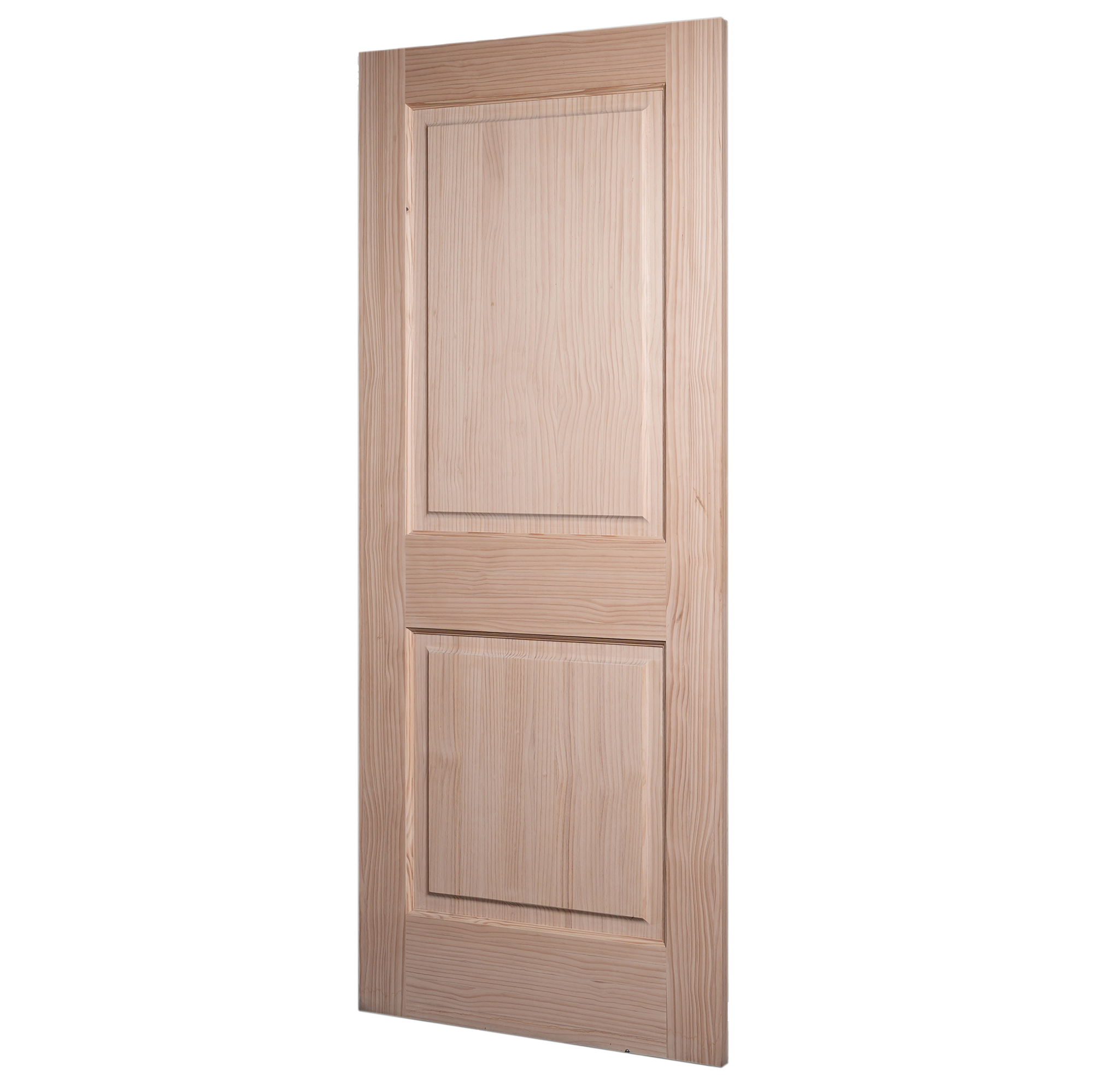 30-degree profile view of 2-Panel Raised Panel unfinished solid pine interior door slab