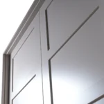 Macro close-up of horizontal cross rail and center meeting stiles on double Shaker doors in Zurich White