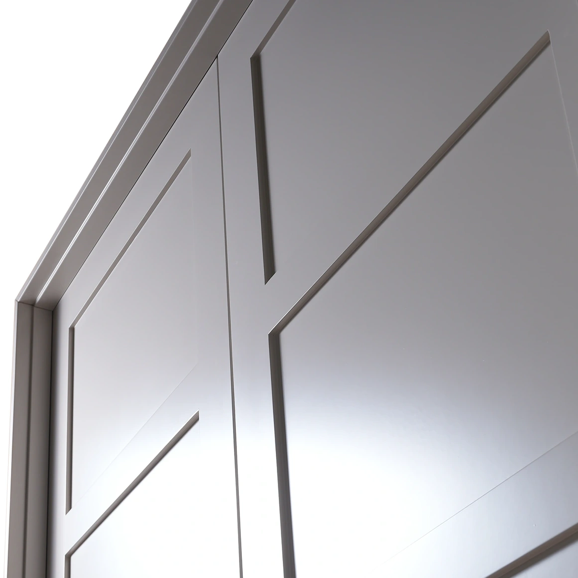 Macro close-up of horizontal cross rail and center meeting stiles on double Shaker doors in Zurich White