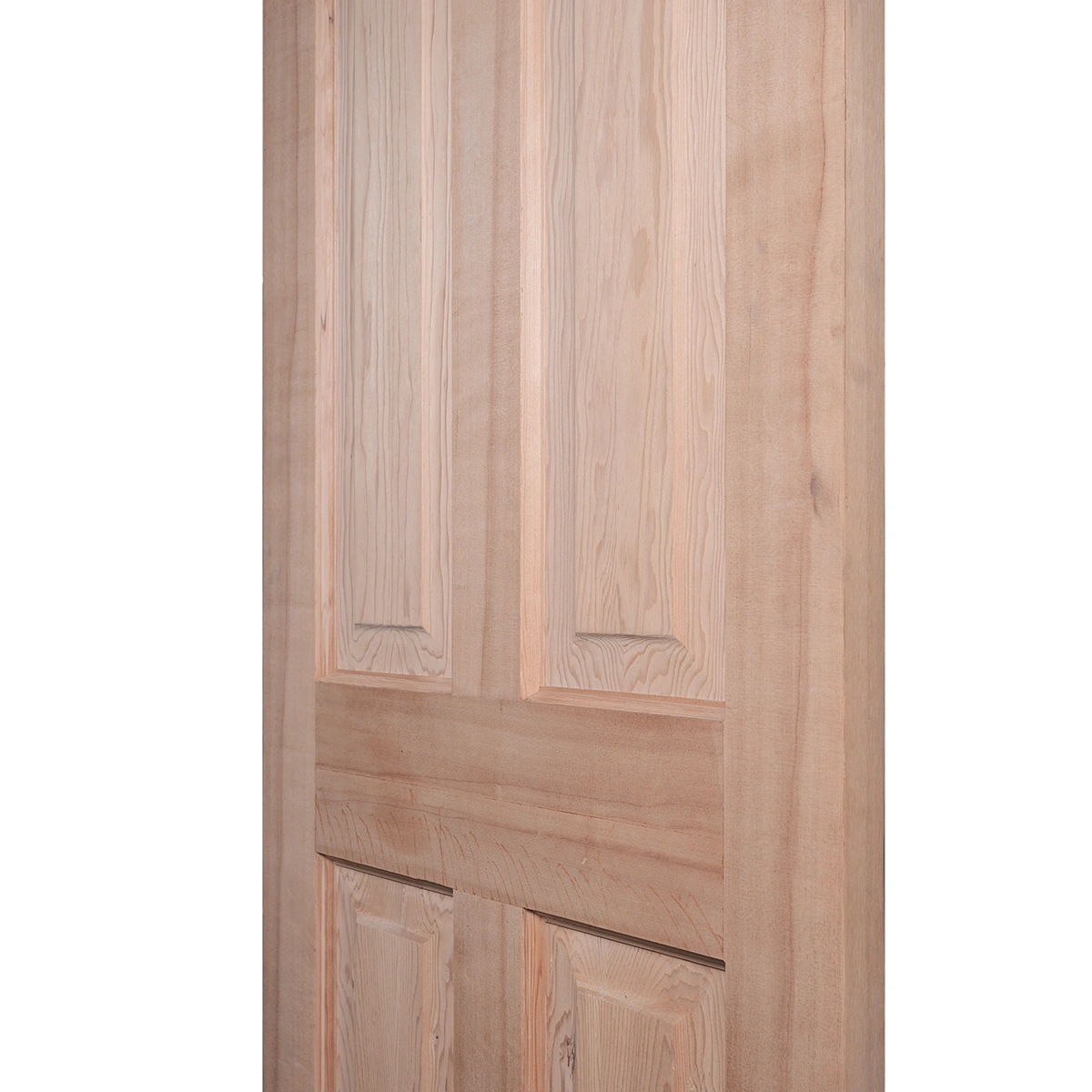Macro close-up of center horizontal rail and recessed panel joint on raw Alder door