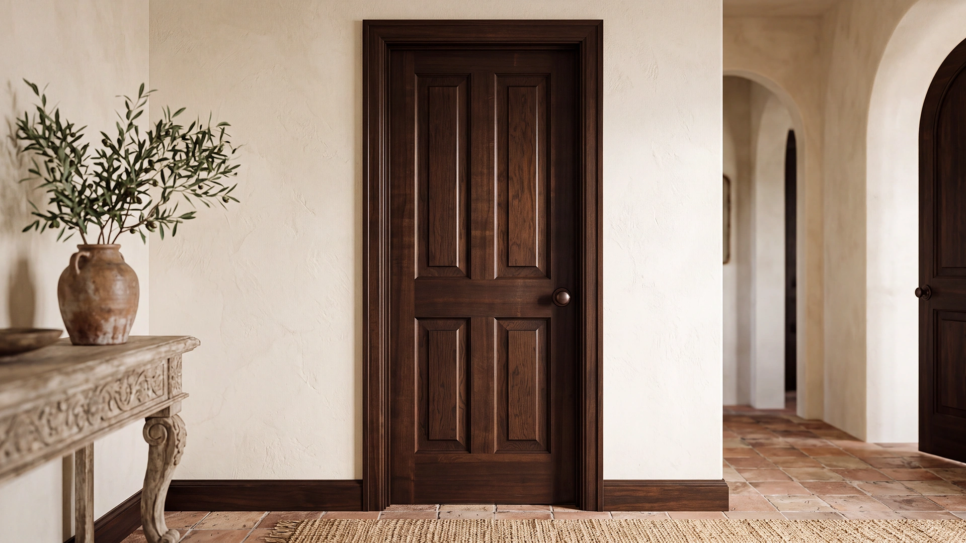 Classic 4-Panel Solid Alder interior door stained in Deep Mocha in an executive modern hallway