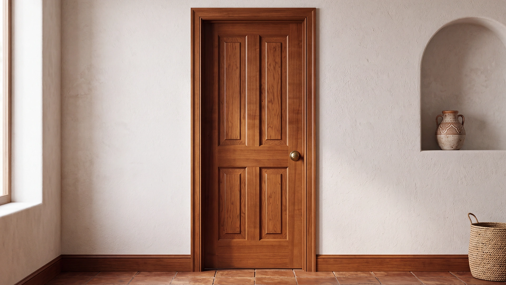 Classic 4-Panel Solid Alder interior door stained in Golden Chestnut in a transitional living room